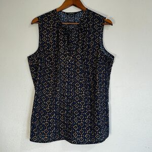Lauren Ralph Lauren Womens 1X Top Sleeveless Blue Brown Geometric Tile Tie Front